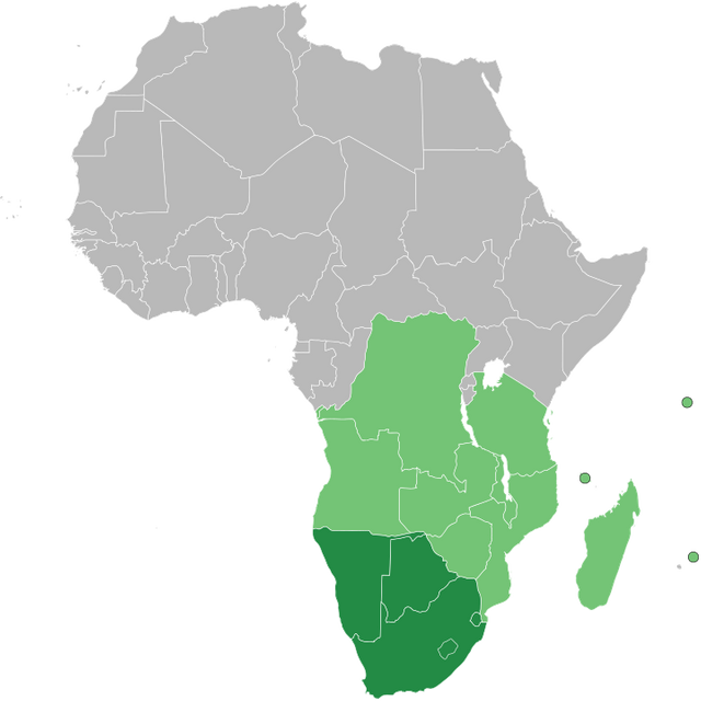 Map of Africa indicating SADC (light green) and SADC+SACU (dark green) members.